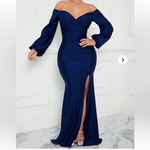 NWT Fashion Nova Denise Off Shoulder Maxi Dress - Navy Slit Formal